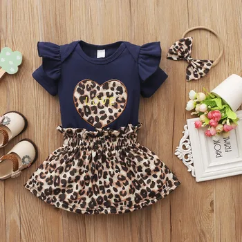 40# Baby Piger Tøj Valentinsdag Kort-langærmet Leopard Print Kærlighed Shirt Med Prutte + Leopard Nederdel + Hår Slips Sæt