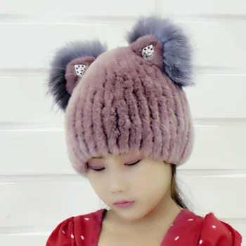 Piger Pels Hat vinter varm øre hatte med diamant håndstrikket solid kanin pels med fox fur bløde fashion beanie hue
