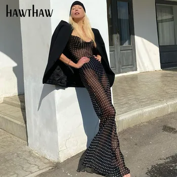 Hawthaw Kvinder Efterår Og Vinter Polka Dot Backless Ærmeløs Se Gennem Sort Lang Kjole Sundress 2020 Falde Streetwear Tøj