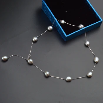 ASHIQI Real S925 sterling sølv Naturlige Ferskvands perle halskæde Grå Hvid 8-9mm Barok perle Smykker til Kvinder