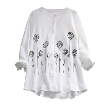 2019 Nyeste Mode Hot Charmerende Kvinder Bomuld Toppe langærmet Tunika Bluse med Blomster Print Shirts Plus Size XL-5XL
