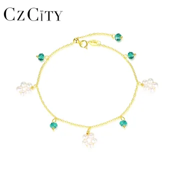 CZCITY Bohemia Mode 925 Sterling Sølv Grøn Perle Naturlige Perle Charms Armbånd til Kvinder Charmerende Party-Armbånd-Smykker