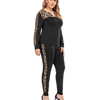 Kvinder 5XL Plus Size To-stykke Tøj Sæt Leopard Syning Sportstøj Tøj Pullover med Lange Ærmer Sweathshirt og Pants Sæt D30
