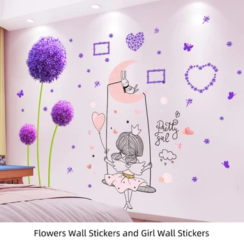 [shijuekongjian] Tegneserie Pige Wall Stickers DIY Mælkebøtte Blomster Vægmaleri Decals til Børn Værelser Baby Værelses Hus Dekoration