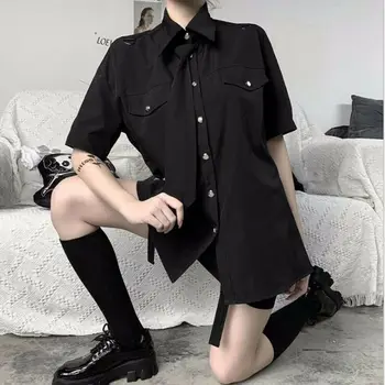 Gothic Dame Damer Kortærmet Bluse Punk-Shirt Japansk Pige Løs Slips, Toppe Solid Farve Løs Mode Trend