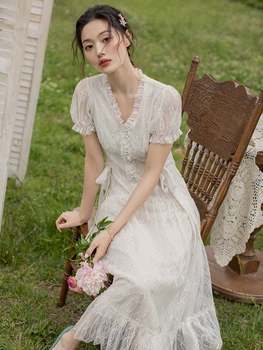 2019 nye mode kvinders kjoler fransk Vintage Hvid kortærmet Lace Lang Kjole Ferie