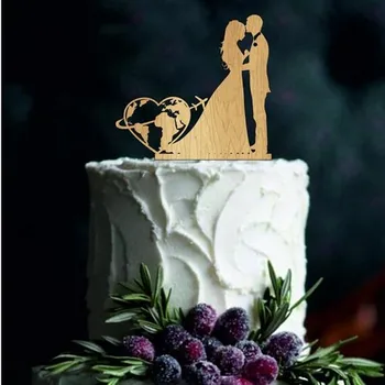 Hjerte Form Kort med Fly Bryllup Kage Topper Brud Brudgom Wedding Party Kage Dekoration Nye Par Ægteskab Gaver Forsyninger
