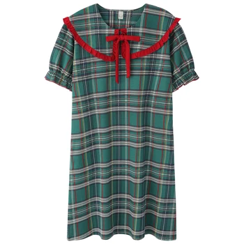 Hot salg søde dukke krave nightgowns for kvinder Sommer strik af bomuld sleepdress ternet pyjamas nattøj kvinder nat kjole plus størrelse