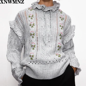 XNWMNZ Za kvinder Mode broderet oversize sweater Kvindelige loose montering bue lange ærmer Flæsekanter trimmer med Høj hals smarte trøjer