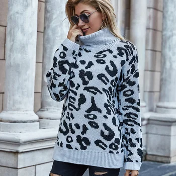 Leopard Turtleneck Sweater Kvinder Casual Løs Strikket Trøjer Vinter Tykke Lange Ærmer Kvindelige Pullovere Casual Top Kvindelige