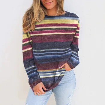 Vintage Kvinder Afslappede Sweatshirts Kvinder Multi-farve Stribet Print Løs Lange Ærmer Rund Hals Hætte Hætte Top Sved À Capuche