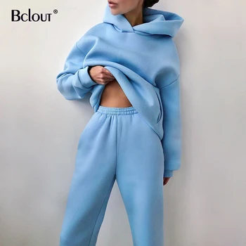 Bclout Casual Solid Hættetrøjer Og Joggere Kvinder, Der Passer Til To-Delt Sæt Mode Strik Sportstøj 2021 Streetwear Løs 2 Delt Sæt