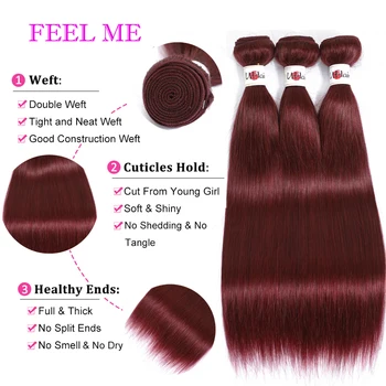 FeelMe 99J/Bourgogne menneskehår Bundter Med Lukning 4x4 rødvin Brasilianske Straight Hair Weave Bundter Med Lukning Remy Hår