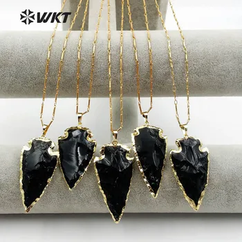 WT-N1113 Engros Naturlige Trendy Rå sort obsidian arrowhed Halskæde med Guld kæde Smykker til kvinder