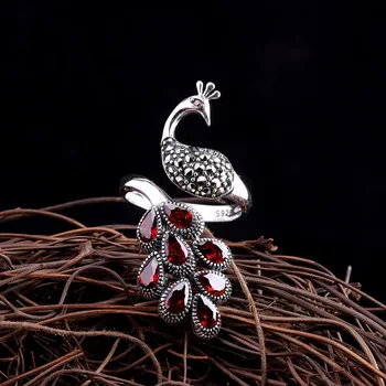 Ægte Solid Sterling Sølv Peacock Ring 925 Bryllup Dame Smykker Med Rød Granat Natursten Justerbar Fine Smykker