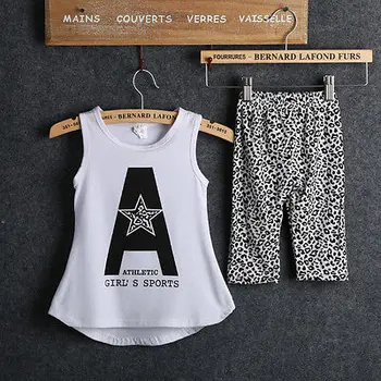 UNIKIDS 2016 Kids Baby Piger 2stk passer sommer tøj sæt Brev Print-Toppe og Leopard Bukser, ærmeløs børnetøj sæt