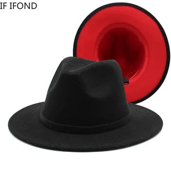 60cm Sort med Hvide Patchwork Uld Filt Fedora Hatte Kvinder Mænd Wide Brim Panama Trilby Jazz Cap Part Cowboy Gambler Hat