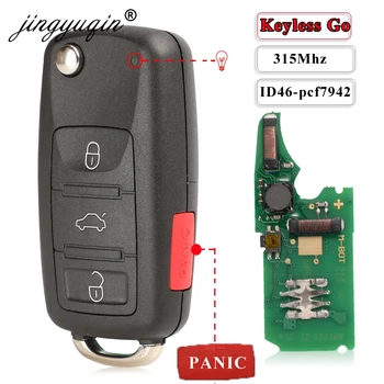 Jingyuqin Keyless Go Fob 3+1Panic 4 Knapper 315MHz Vend Fjernbetjeningen for VW Volkswagen Touareg Phaeton 3D0959753AK ID46 7942 Chip