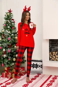 Kvinder Xmas Loungewear Pyjamas Sæt med Lange Ærmer Brev Udskrive Off Skulder Toppe+ Jul Plaid Nattøj Bukser Plus Størrelse S-5XL