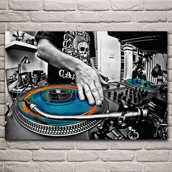 Selektiv farve pladespillere musik mænd hænder DJ stof plakat stue hjem væggen dekorative lærred, silke kunst print KL216