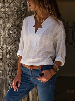 Kvinder Hvide Bluser Grundlæggende Sælge Solid Plaid 2020 Sommer Mode Lange Ærmer Kvindelige Kvinders Slim Plus Size Tøj Toppe