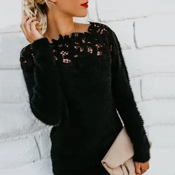 2020 Efterår Og Vinter Kvinder Solid Farve Blonder Patchwork Langærmet Sweater, Pullover Top Kvindelige Mode Strikkede Trøjer Damer