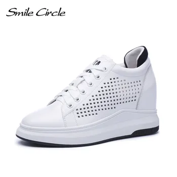 Smil Cirkel Wedges Sneakers til Kvinder i Ægte Læder Casual Sko Kvinder Mode Høj hæl Platform Sko