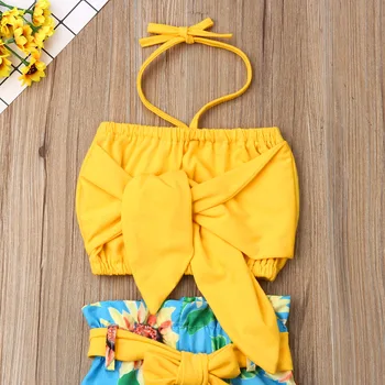 Pudcoco Nyeste Mode Sommeren Toddler Baby Pige Tøj Off Skulder Sløjfeknude Crop Tops Solsikke Print Bukser 2stk Outfits Sæt
