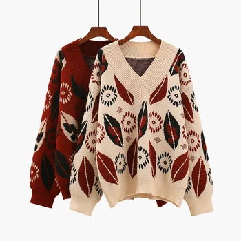Dovne stil fortykket V-hals pullover sweater kvinder efteråret tøj 2020 nye løst blad jacquard studerende strik sweater kvinder