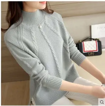 2017 nye mode Kvinder hvid Revers turtleneck sweater kvindelige grundlæggende strikket trøje Twist tykke slim lange ærmer pullover sweater