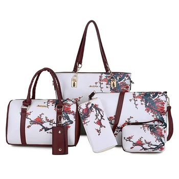 Kinesisk Stil Blomster Udskrivning Kvinder Håndtasker, Skuldertasker Sæt Kvindelige Praktiske Composite Bag 6-Delt Sæt Designer Mærke Bolsa