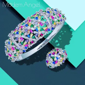 ModemAngel Bred Luksus Tennis Armbånd Ring Sæt Til Kvinder Bryllup Cubic Zircon Crystal Engagement DUBAI Brude Smykker Sæt