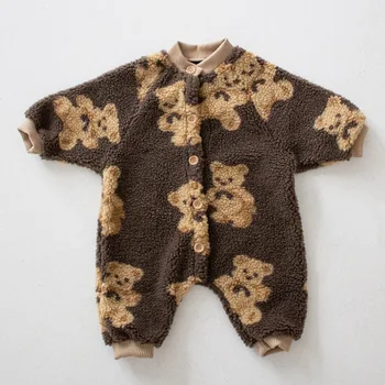 2020 Vinter Blive Varm Baby Rompers Bære Print Toddler Drenge Jumpsuits Enkelt Breasted Piger Tøj Fleece Baby Ud Kulør