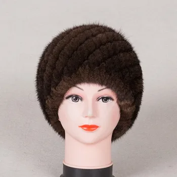 Ny mode Ægte ægte, naturlig strikkede Mink-Pels Hat kvinder håndlavet strik Fashion Vinter Hovedbeklædning Baretter cap
