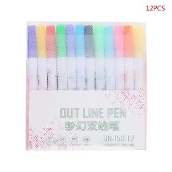 12 Stk Dobbelt Linie Omrids Tegning Pen Highlighter Drøm Farve Fluorescerende Mark