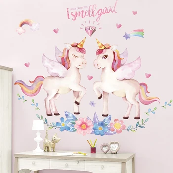 Fantasi Unicorn Wall Stickers til børneværelset Baby værelse Børnehave Tegnefilm vægoverføringsbilleder Flytbare Øko-venlige Vinyl DIY Vægmalerier