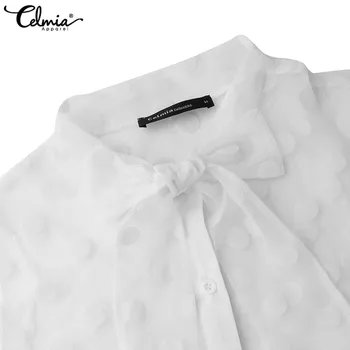 2021 Celmia Kvinder Polka Prikker Hvid Bluse Bow Tie Krave 3/4 Ærmer Kvindelige Kontor Slid Sheer Top Plus Size Blusas 7
