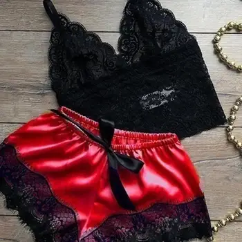 2020 Nye Mode Pyjamas Sæt Sexy Lace Bra Delt To-delt Undertøj Nightdress Underwear Nattøj Satin Cami Top Femme