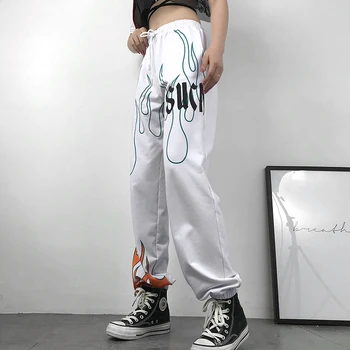 Rapwriter Casual Brand Print Elastisk Høj Talje Bukser Kvinder 2020 Sommeren Streetwear Harajuku Sweatpants Joggere Lige Bukser