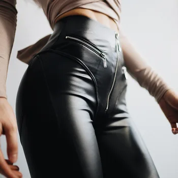 SLHJC Kvinder Mode Sexet Læder Party Club Leggings Zip Lukning Hip Push Up V Elastisk Talje bukser Bukser Gotiske Leggings