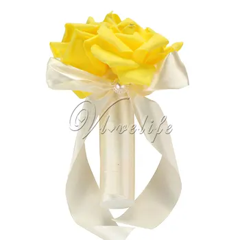 Dejlig Bruden Bryllup Buket Kunstige Blomster Med 6 Skum Rose Satin Bånd Bue Til Bryllup Decoraitons