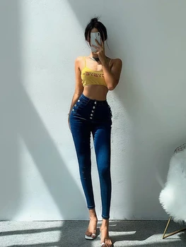 2021 Knappen Dekoration Tynde Butterfly Jeans Kvinde, Høj Talje I Sort Elastisk Blyant Bukser Gratis Fragt Koreanske Streetwear