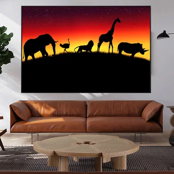 En Sort Skygge Afrikanske Dyr, Natur, Plakater Og Prints Løve, Elefant Lærred Væggen Billedet På Stof Kunst Maleri Til Stuen
