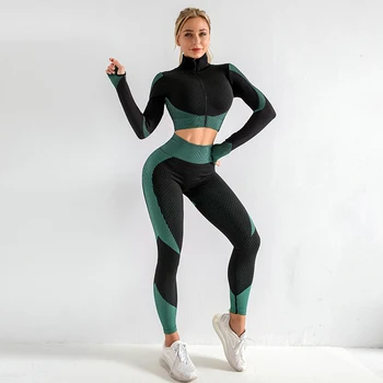 2stk Problemfri Yoga-Sæt Kvinder, der Kører Sport, der Passer Høj Talje Fitnesscenter Leggings med Lange Ærmer Zip-Yoga-Shirts Fitness-Træning Træningsdragt