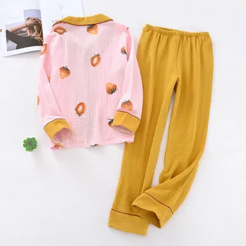 2020 Spring Nye Damer Pyjamas Sæt Søde Jordbær Trykt Kvinder Turn-Down Krave Nattøj Komfort Et Stykke Gaze, Bomuld Løs Homewear