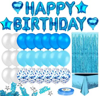 Blå Fødselsdag Dekoration til Drenge, Happy Birthday Banner, Folie Frynser Gardin Dug, Hjerte, Stjerne Konfetti-Balloner med 10g