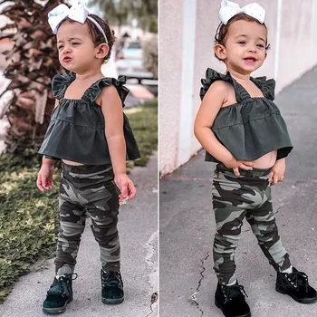 Fashion Børn Barn Børn Baby Pige Slynge Tank Tops Camo Leggings Udstyr, Tøj Sæt
