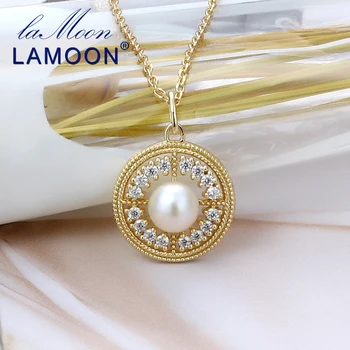 LAMOON 925 Sterling Sølv Perle CZ Krystal Halskæde 14K forgyldt Vintage Palace Smykker til Kvinder LMNI116