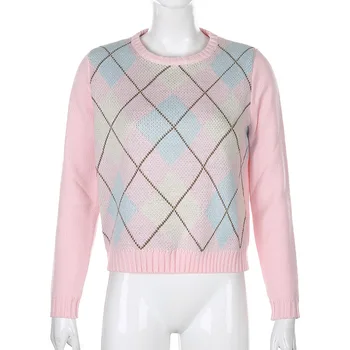 Sød Pink Y2k Argyle Strik Dame Fall Fashion 2020 Strik Pullover Sweater Med Lange Ærmer Plaid Jumper Top Trøjer Trækker Femme