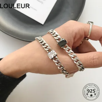 Louleur Retro 925 Sterling Sølv Armbånd Fashion Sort Onyx Flade Justerbar Armbånd Til Kvinder Fine Smykker Sølv 925